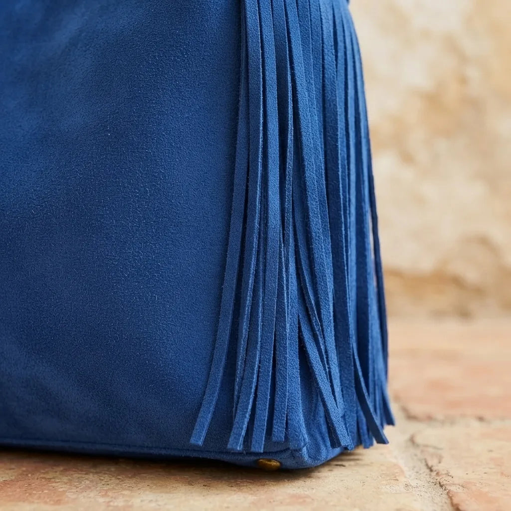 Close-up of fringe stitching and texture on Blue fringe large tote bag