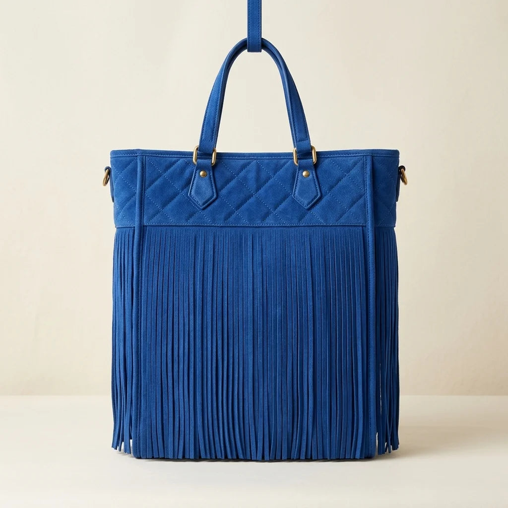 Blue fringe large tote bag, front view