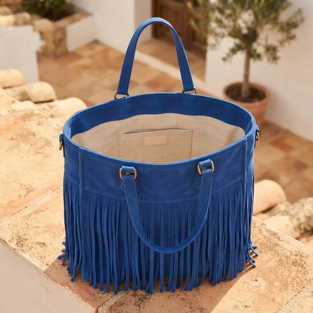 Interior lining and pockets of Blue fringe large tote bag