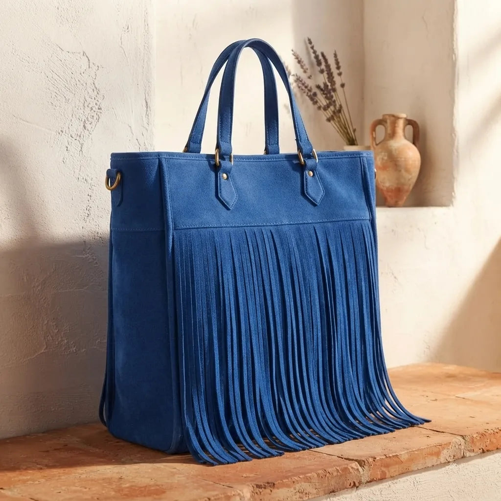 Blue fringe large tote bag, three-quarter angle showing side depth