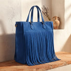 Blue fringe large tote bag, three-quarter angle showing side depth