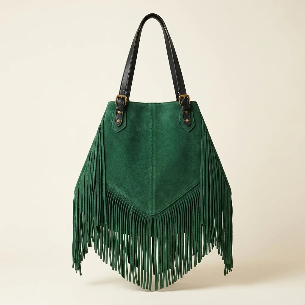 Back panel of Green fringe large tote bag with strap attachments