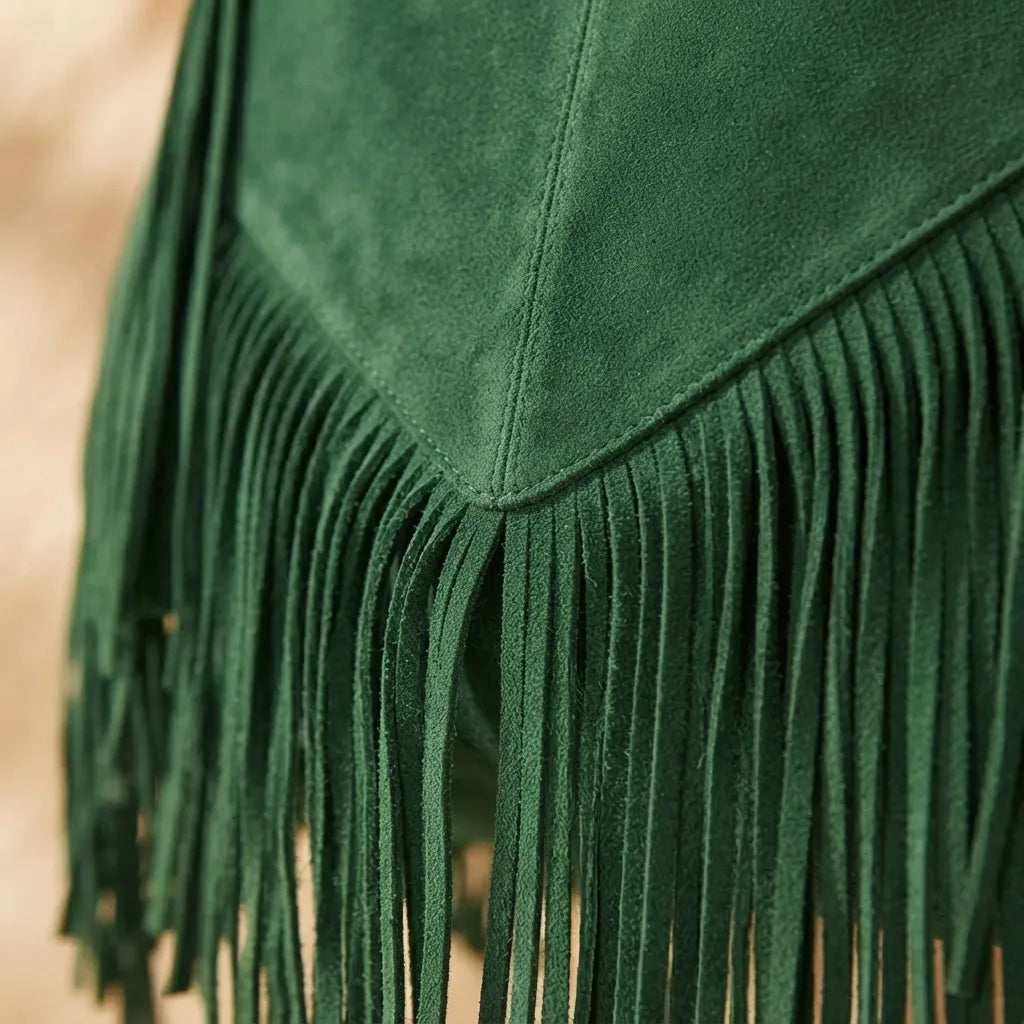 Close-up of fringe stitching and texture on Green fringe large tote bag