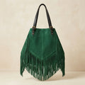 Green fringe large tote bag, front view