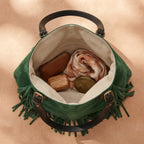 Interior lining and pockets of Green fringe large tote bag