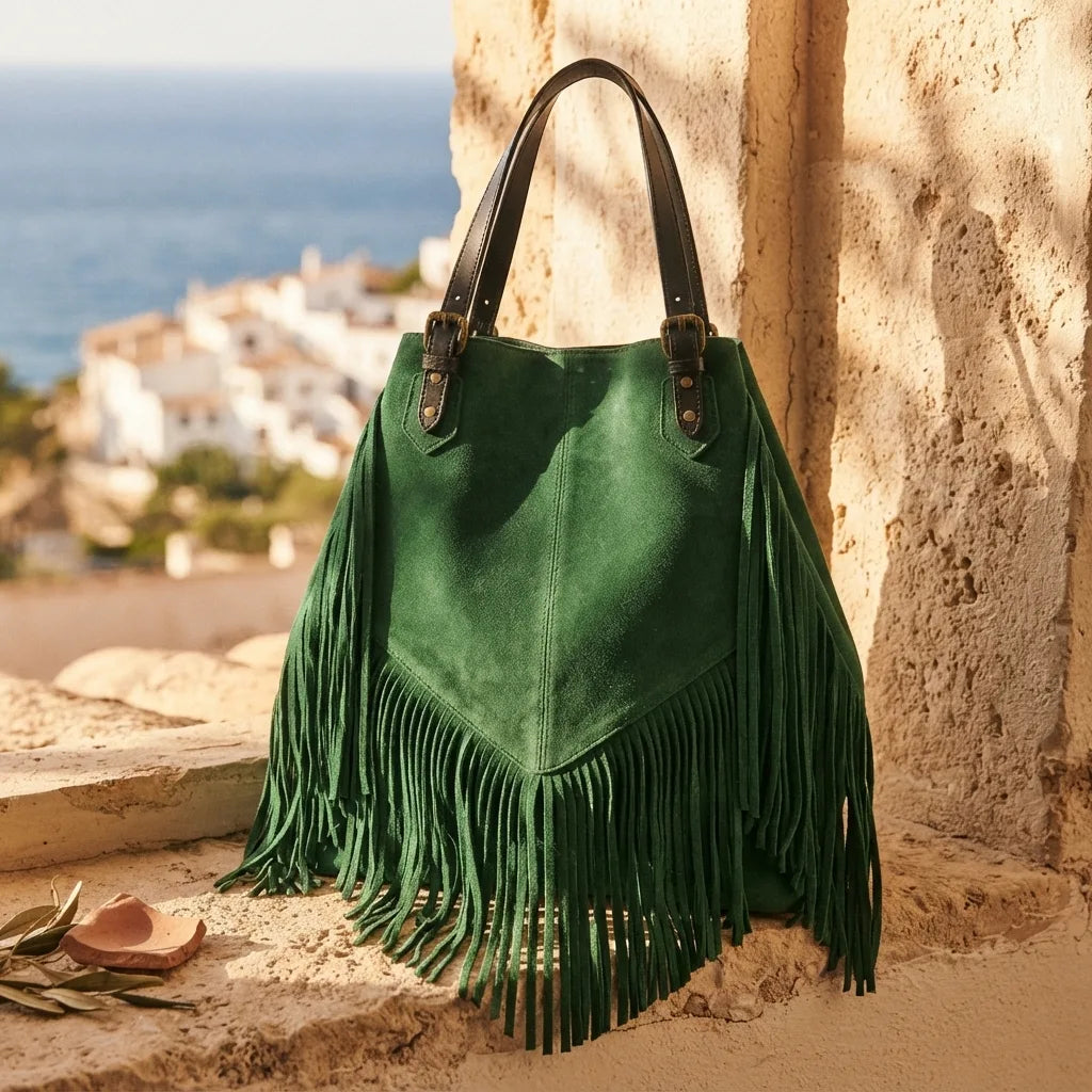 Green fringe large tote bag styled in a warm Mediterranean setting