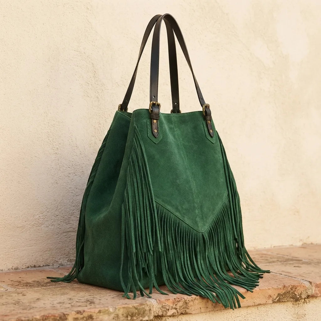 Green fringe large tote bag, three-quarter angle showing side depth