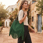 Woman wearing Green fringe large tote bag with swaying fringe