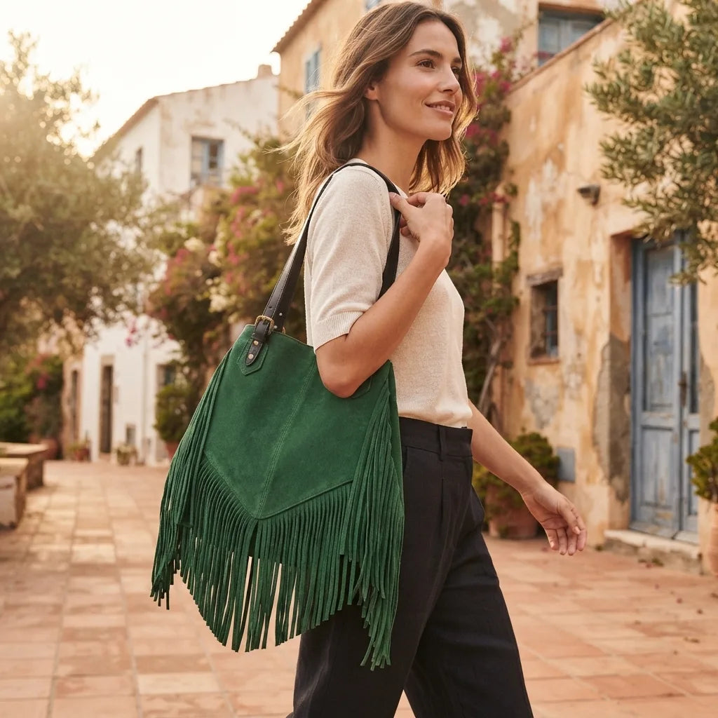 Woman wearing Green fringe large tote bag with swaying fringe