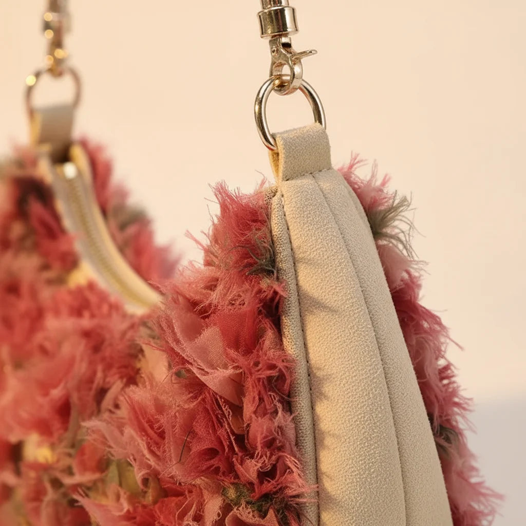 Close-up of fringe stitching and texture on Floral fringe messenger bag
