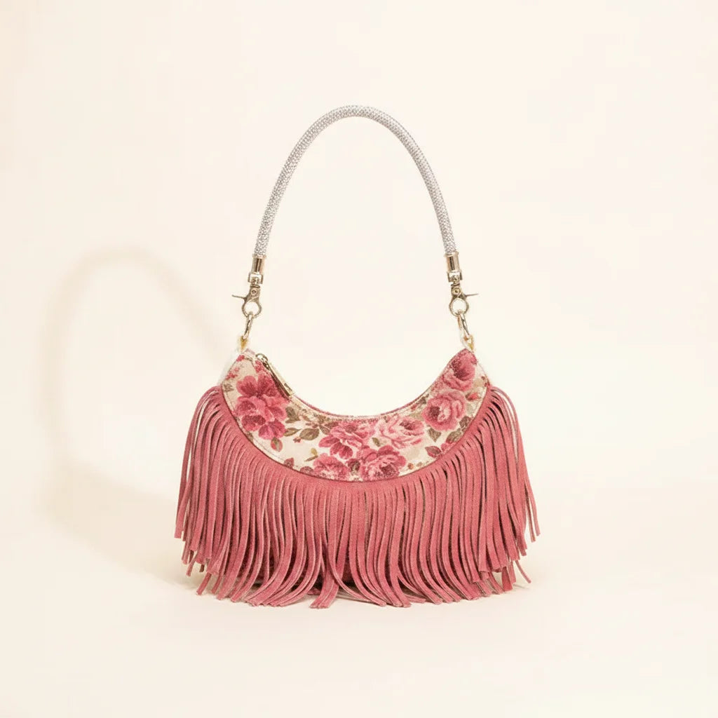 Floral fringe messenger bag, front view