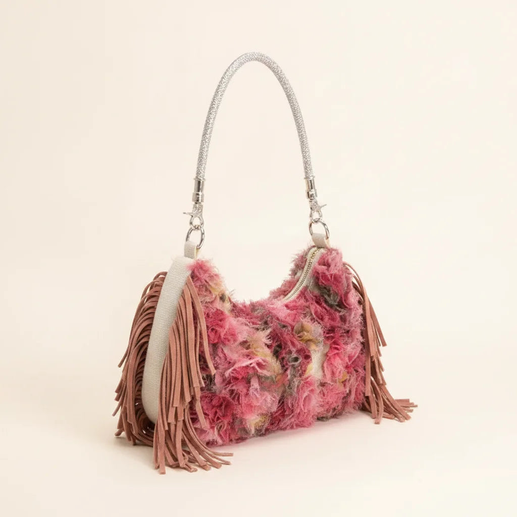 Floral fringe messenger bag, three-quarter angle showing side depth