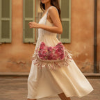 Woman wearing Floral fringe messenger bag with swaying fringe