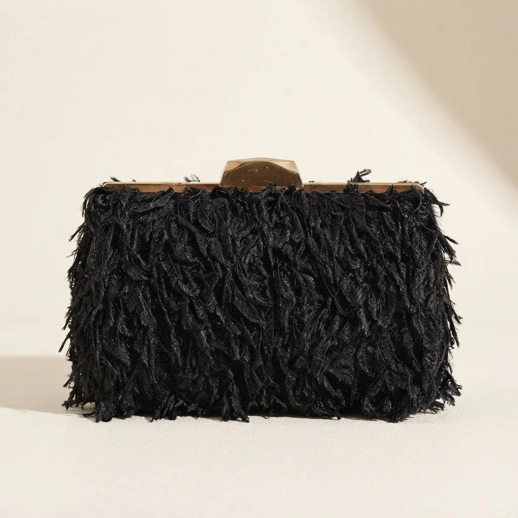 Black fringe mini bag, front view