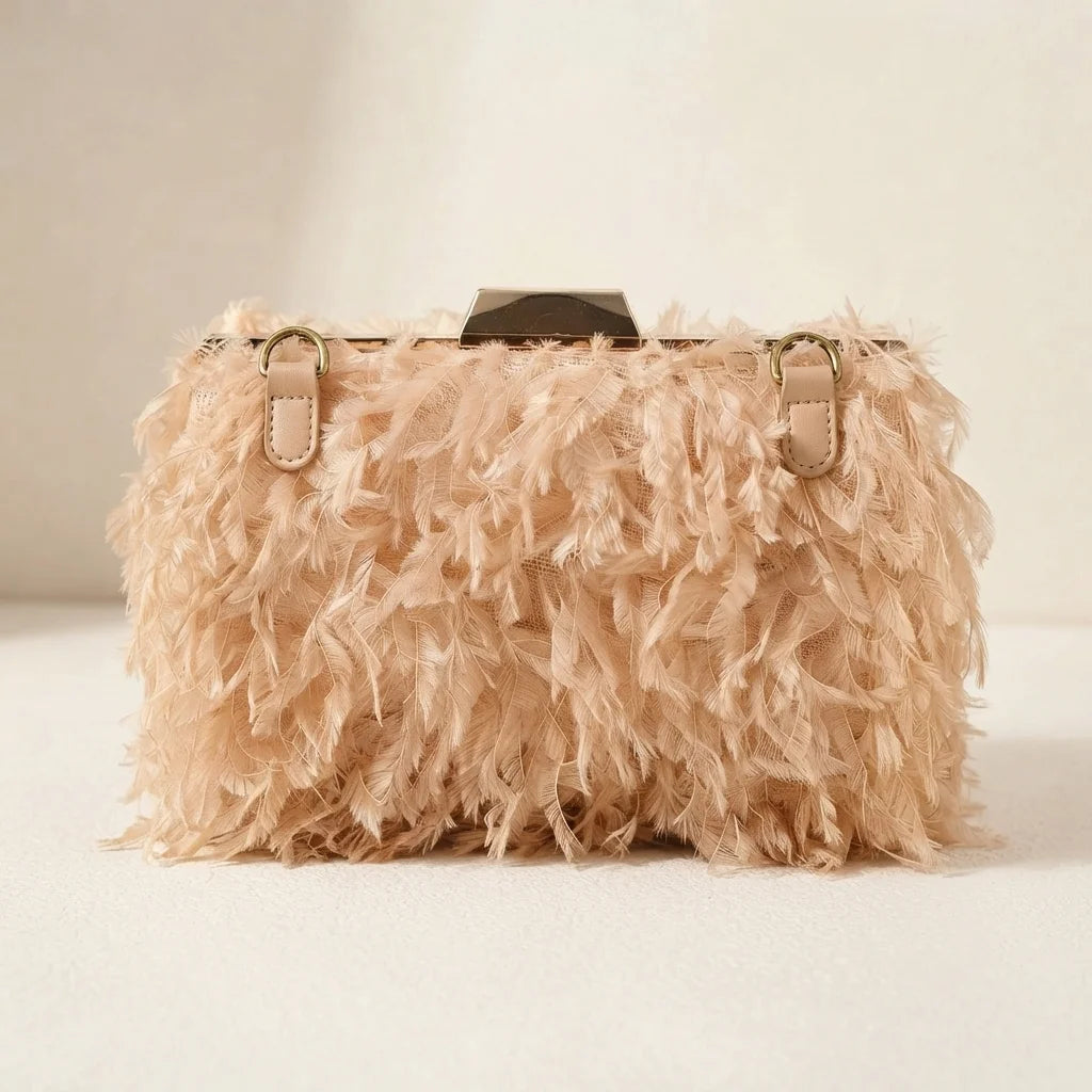 Back panel of Champagne fringe mini bag with strap attachments