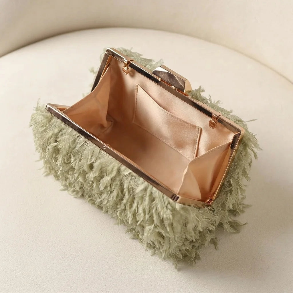 Interior lining and pockets of Green fringe mini bag