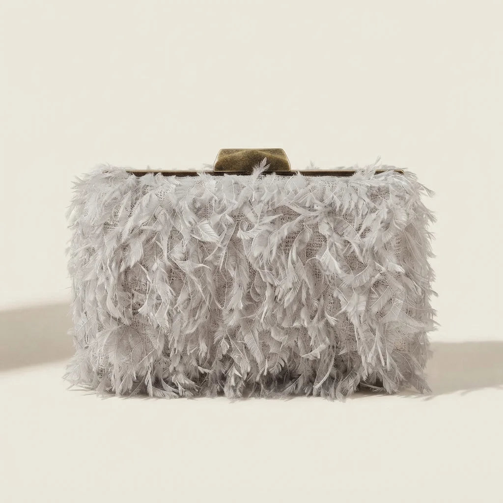 Grey fringe mini bag, front view
