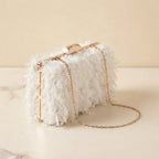 White fringe mini bag, three-quarter angle showing side depth