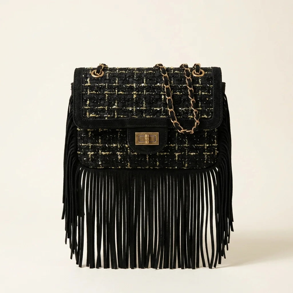 Black fringe over shoulder bag, front view