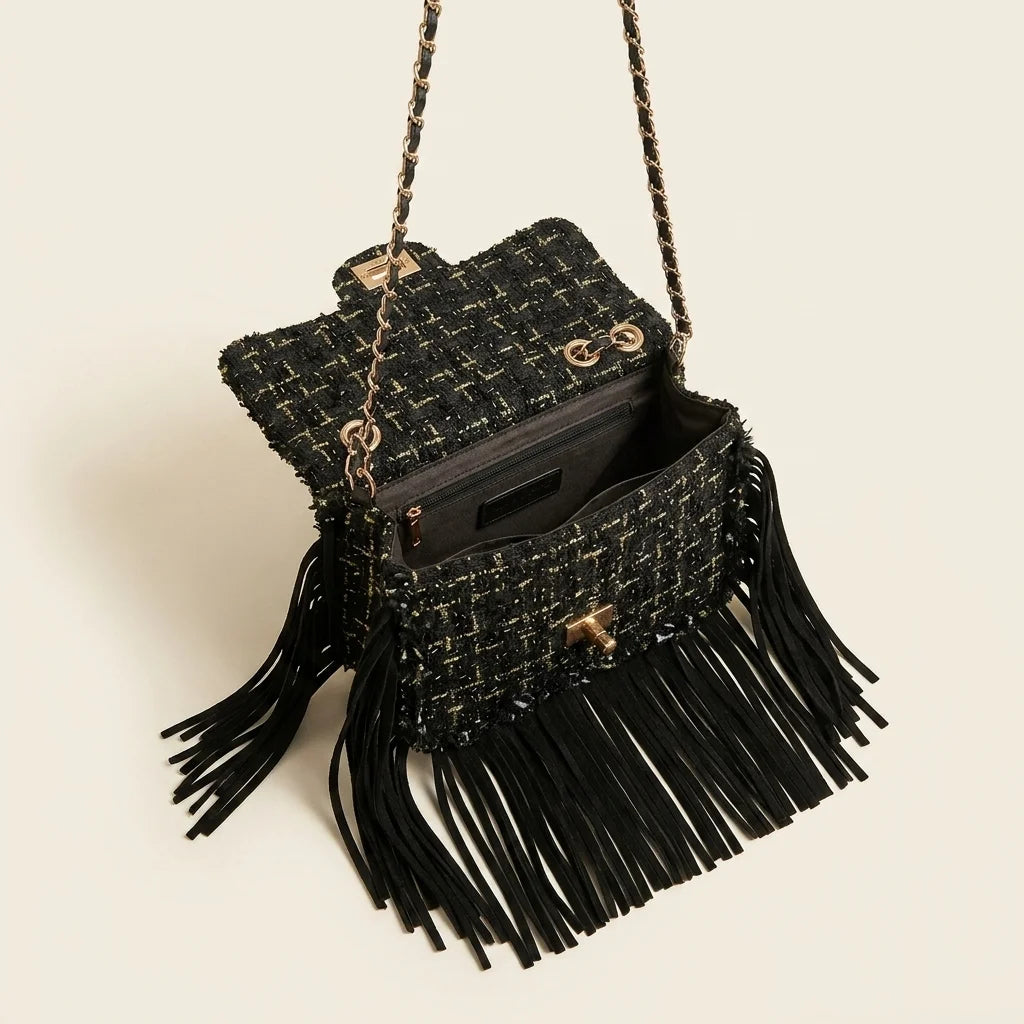 Interior lining and pockets of Black fringe over shoulder bag