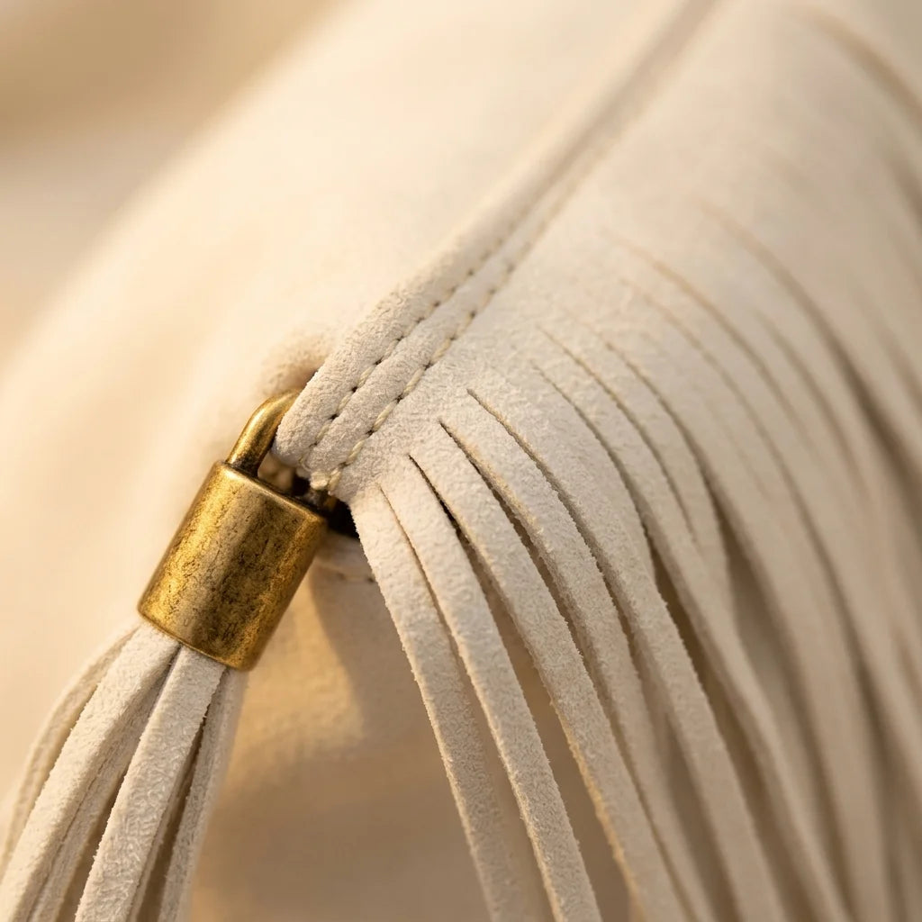 Close-up of fringe stitching and texture on White fringe over shoulder bag