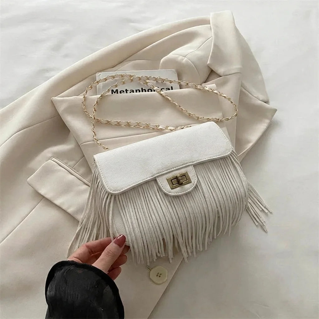 White fringe over shoulder bag, front view