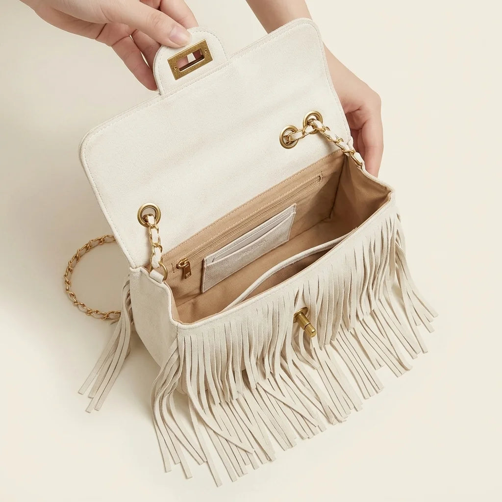Interior lining and pockets of White fringe over shoulder bag