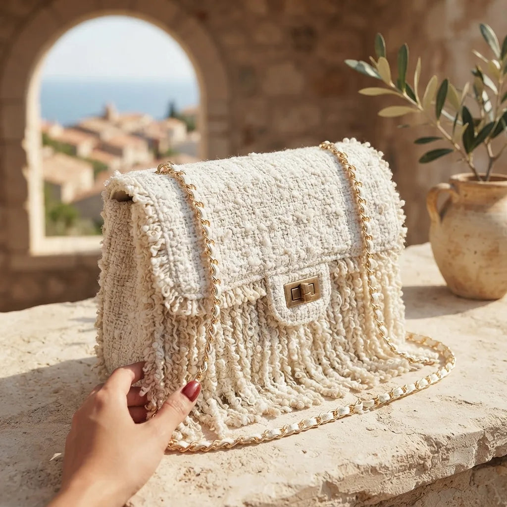 White fringe over shoulder bag, three-quarter angle showing side depth