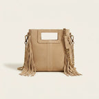 Back panel of Beige fringe satchel bag with strap attachments