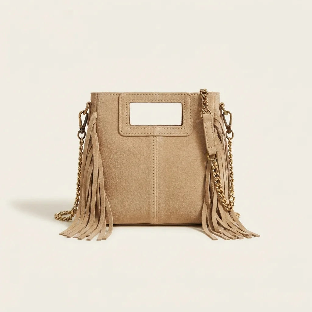 Back panel of Beige fringe satchel bag with strap attachments
