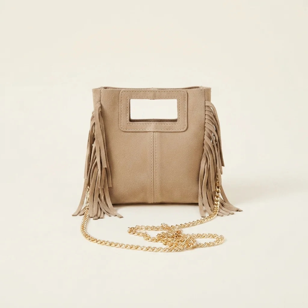 Beige fringe satchel bag, front view