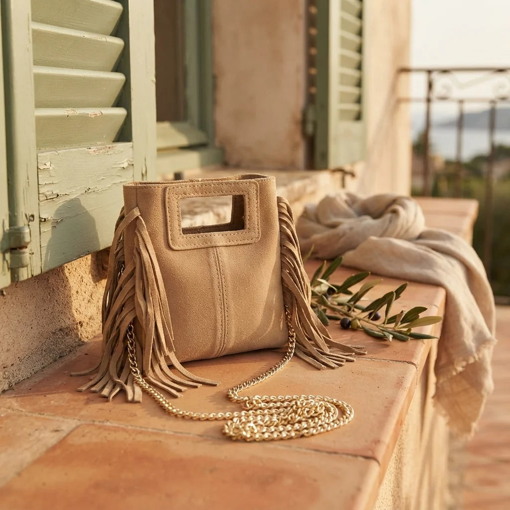 Beige fringe satchel bag styled in a warm Mediterranean setting