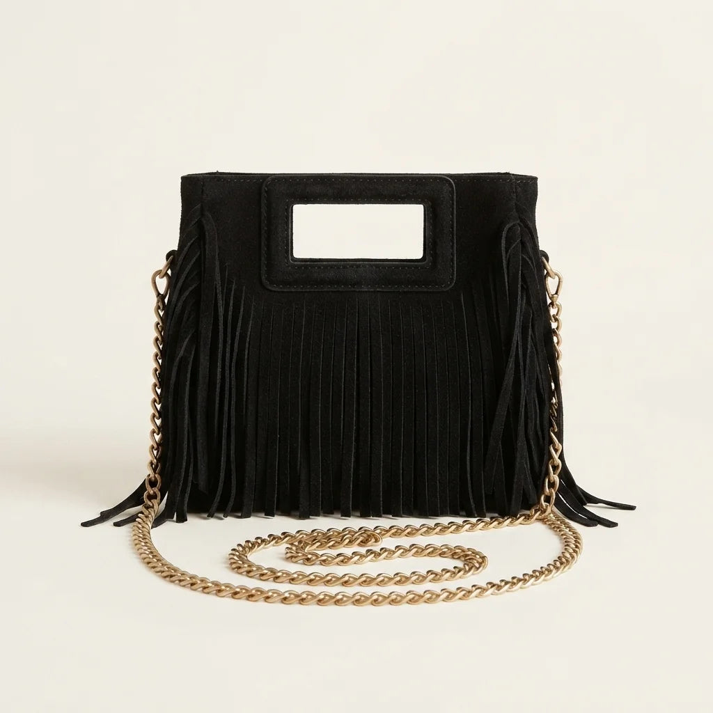 Black fringe satchel bag, front view