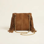 Back panel of Camel fringe satchel bag with strap attachments