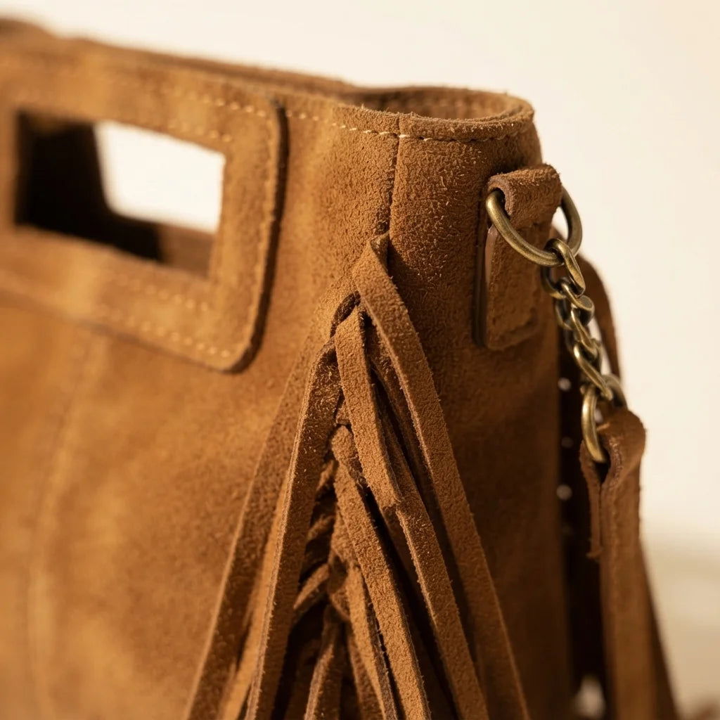 Close-up of fringe stitching and texture on Camel fringe satchel bag
