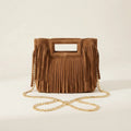 Camel fringe satchel bag, front view
