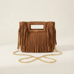 Camel fringe satchel bag, front view