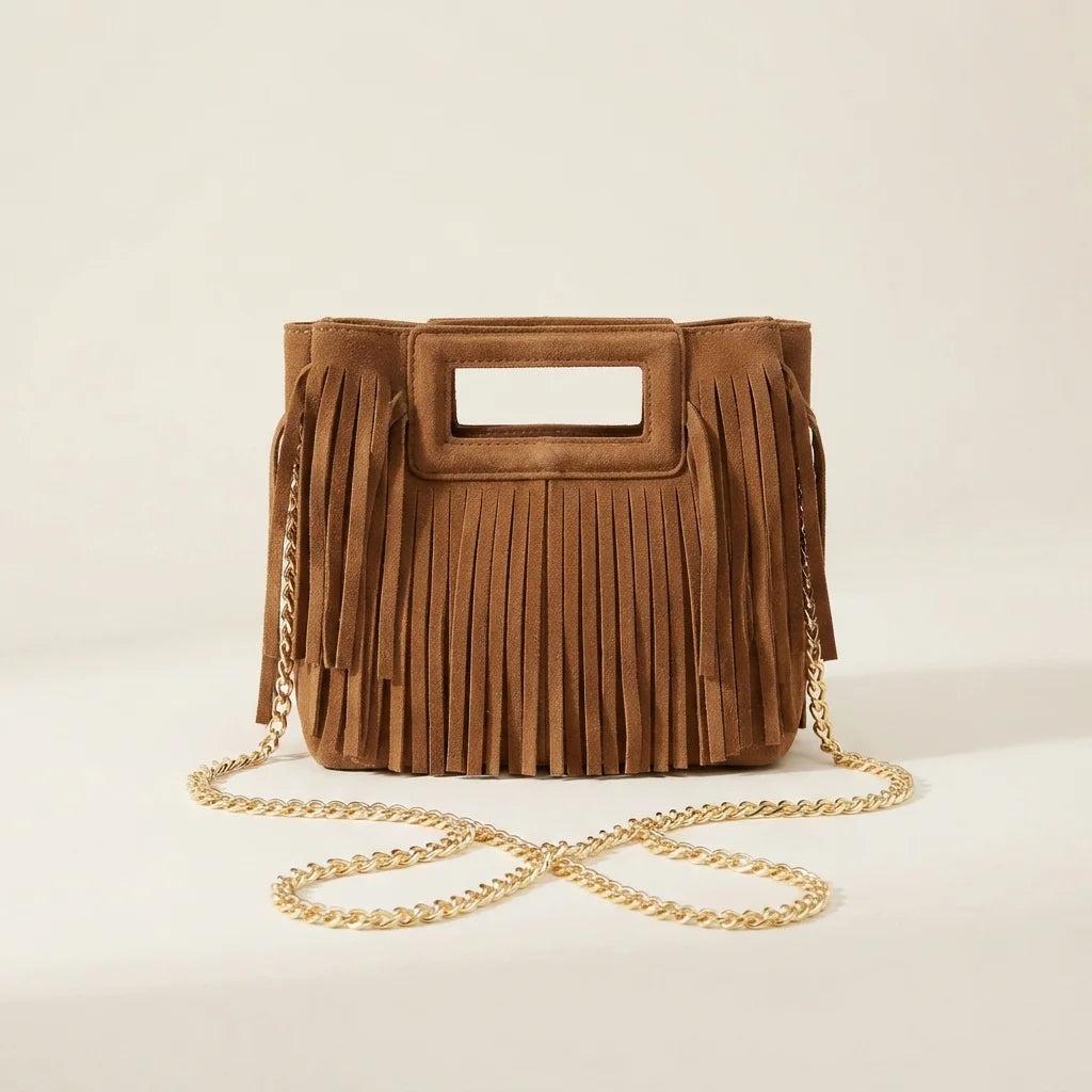 Camel fringe satchel bag, front view