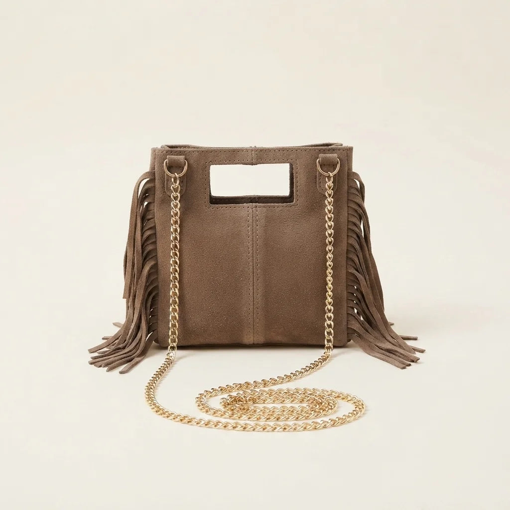 Back panel of Taupe fringe satchel bag with strap attachments