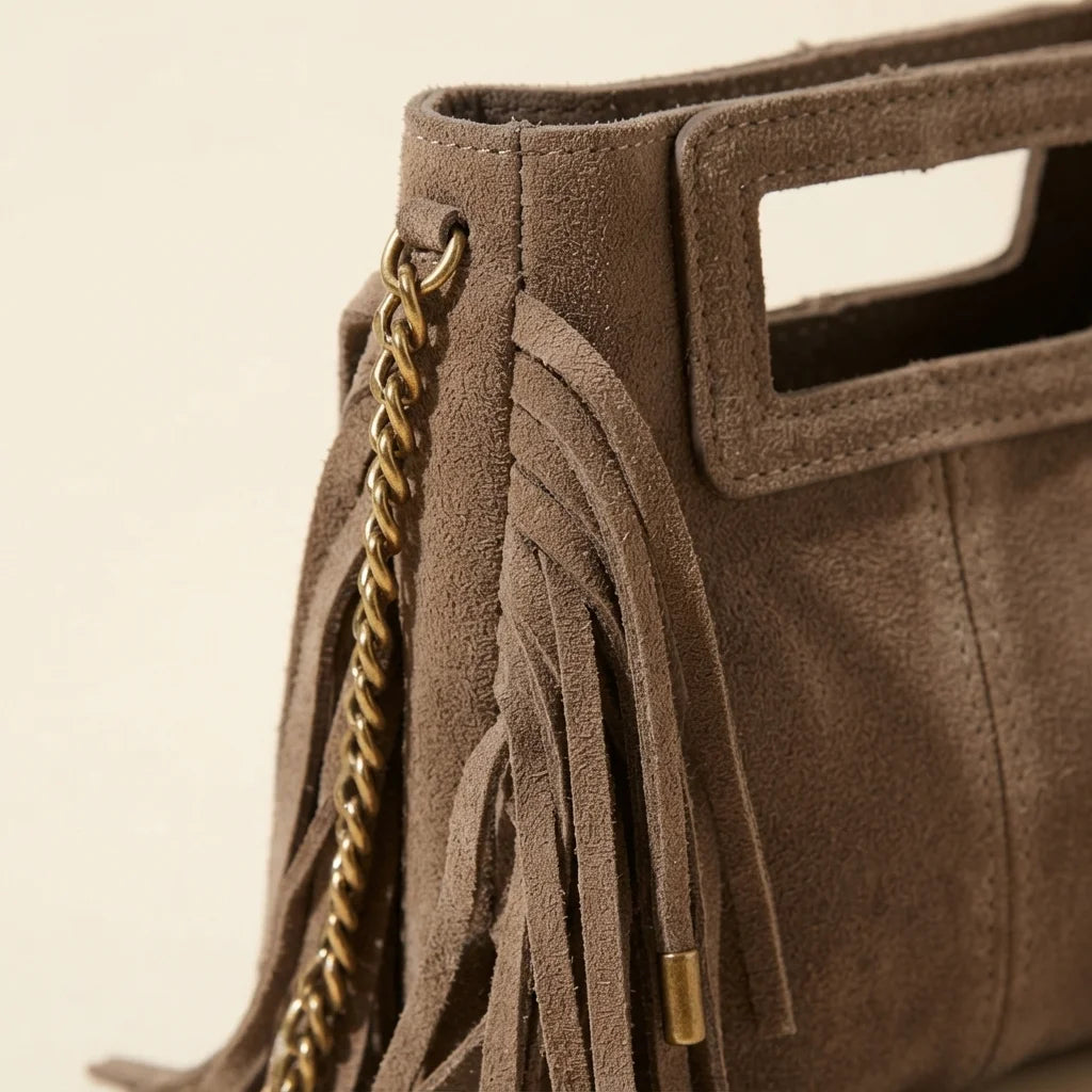 Close-up of fringe stitching and texture on Taupe fringe satchel bag