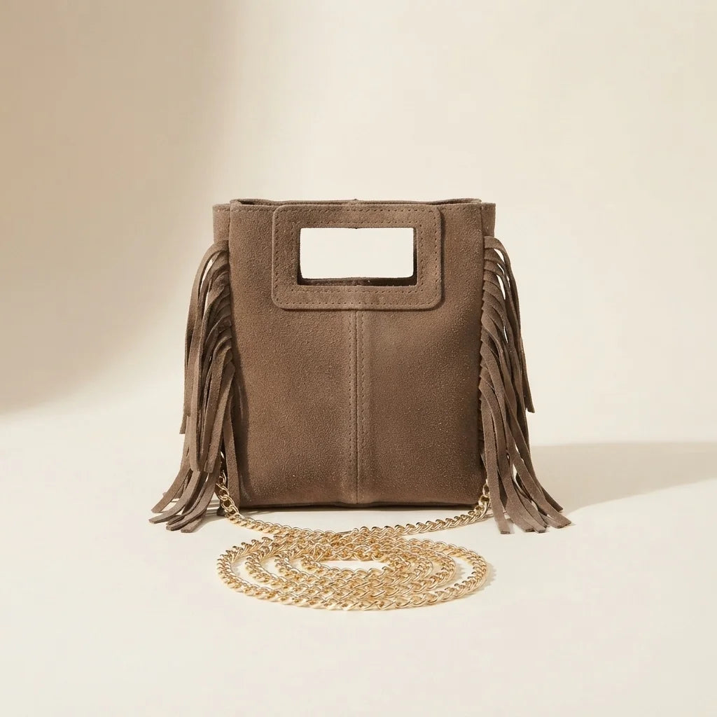 Taupe fringe satchel bag, front view