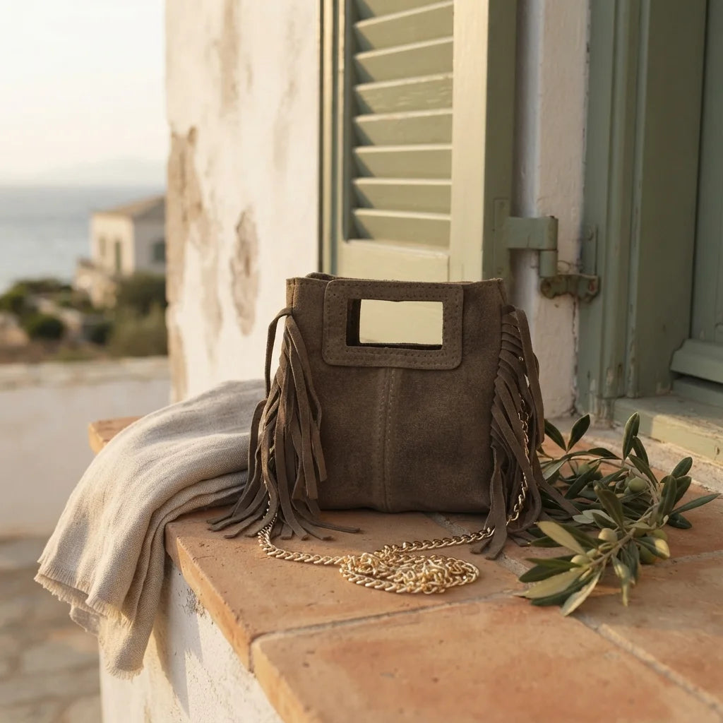 Taupe fringe satchel bag styled in a warm Mediterranean setting
