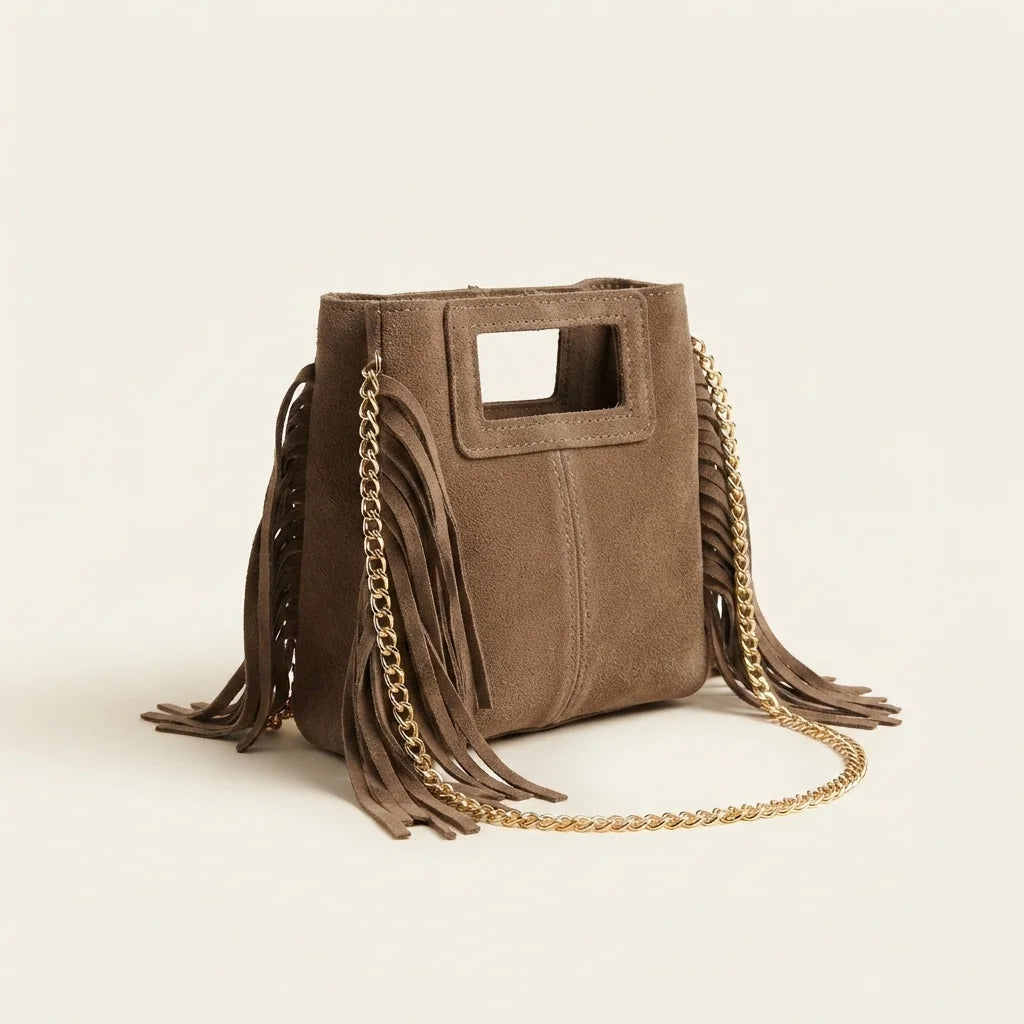 Taupe fringe satchel bag, three-quarter angle showing side depth