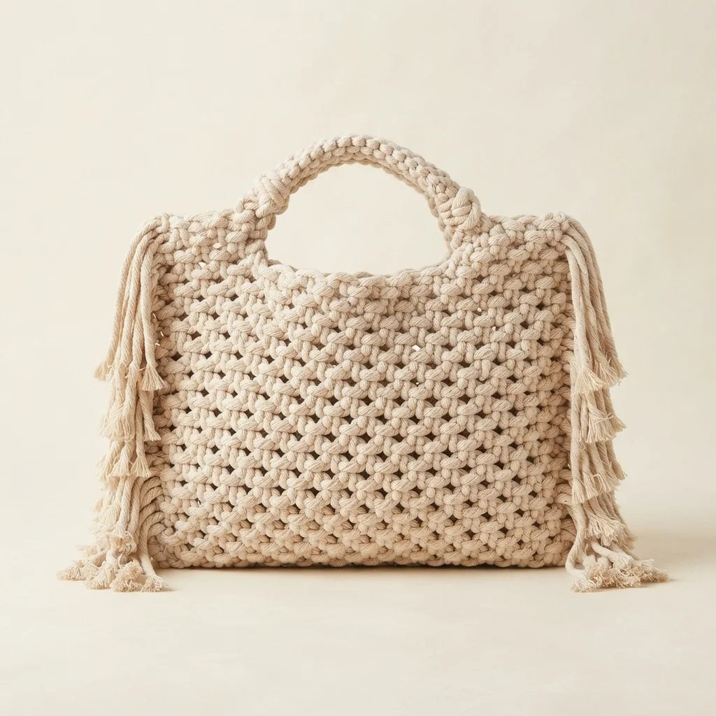 Back panel of Beige fringe shoulder bag with tassels with strap attachments