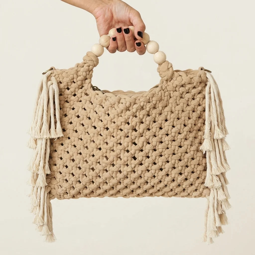 Beige fringe shoulder bag with tassels, front view