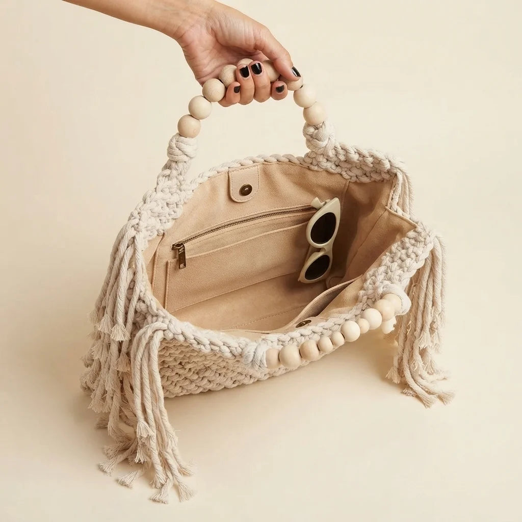 Interior lining and pockets of Beige fringe shoulder bag with tassels