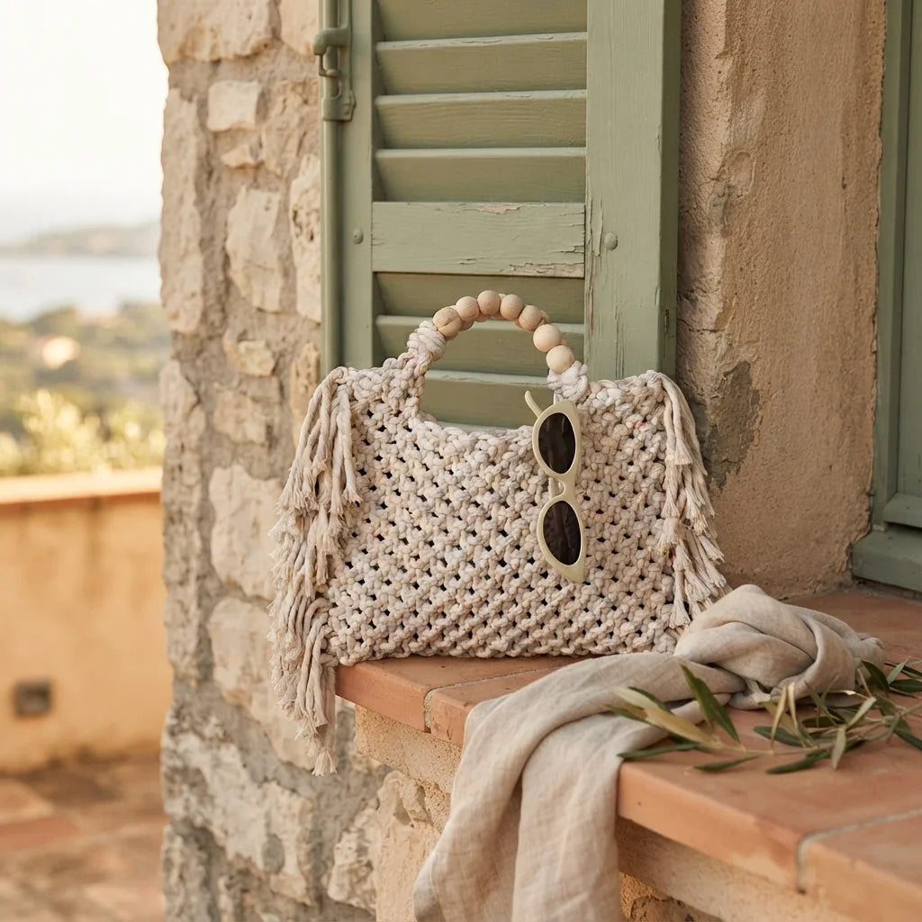 Beige fringe shoulder bag with tassels styled in a warm Mediterranean setting