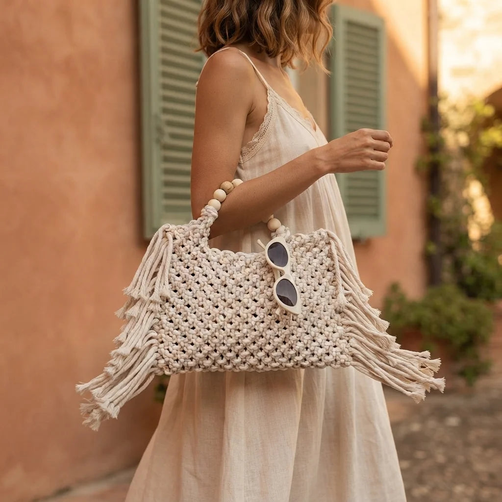 Woman wearing Beige fringe shoulder bag with tassels with swaying fringe