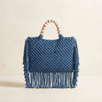 Back panel of Blue fringe shoulder bag with tassels with strap attachments