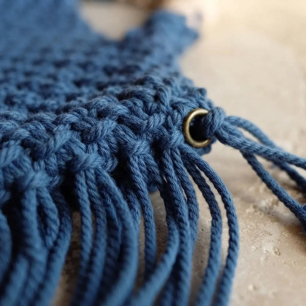 Close-up of fringe stitching and texture on Blue fringe shoulder bag with tassels